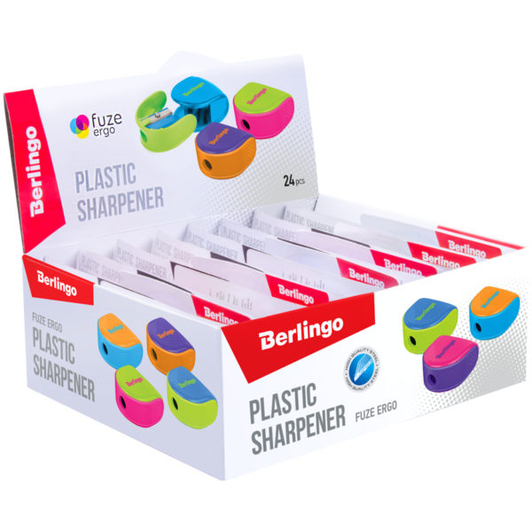 Точилка пластиковая Berlingo "Fuze Ergo", 1 отверстие, контейнер, ассорти, блистер, европодвес