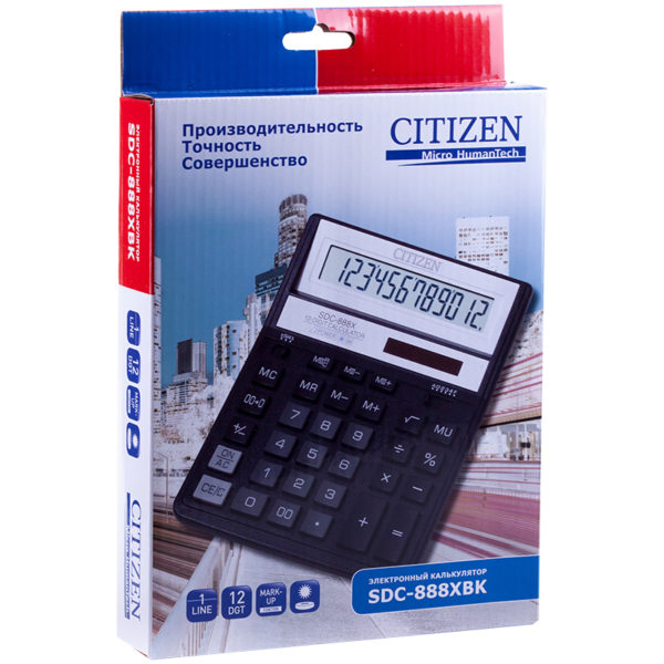 Калькулятор настольный Citizen SDC-888XBK, 12 разр., двойное питание, 158*203*31мм, черный