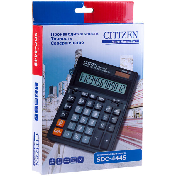 Калькулятор настольный Citizen SDC-444S, 12 разр., двойное питание, 153*199*31мм, черный