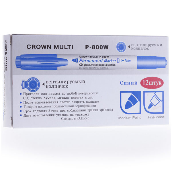 Маркер перманентный двухсторонний Crown "Multi Marker Twin" синий, пулевидный, 2мм/1мм