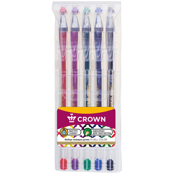 Набор гелевых ручек Crown "Hi-Jell Color" 5шт., 5цв., 0,5мм, ПВХ уп., европодвес