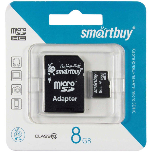 Карта памяти SmartBuy MicroSDHC  8GB, Class 10, скорость чтения 10Мб/сек (с адаптером SD)