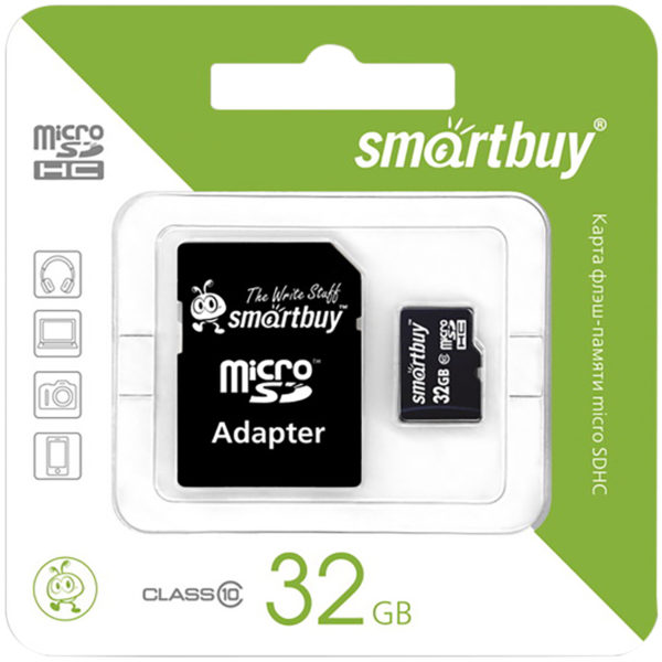 Карта памяти SmartBuy MicroSDHC 32GB, Class 10, скорость чтения 10Мб/сек (с адаптером SD)