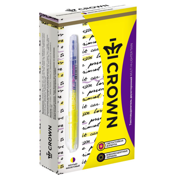 Текстовыделитель двухсторонний Crown "Multi Hi-Lighter Twin" желтый/фиолетовый, 3/2мм