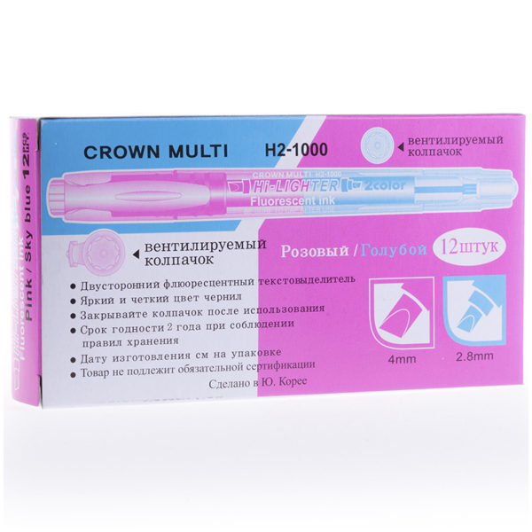 Текстовыделитель двухсторонний Crown "Multi Hi-Lighter Twin" розовый/голубой, 3/2мм