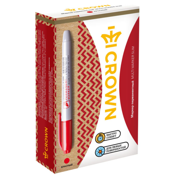 Маркер перманентный Crown "Multi Marker Slim" красный, пулевидный, 2мм