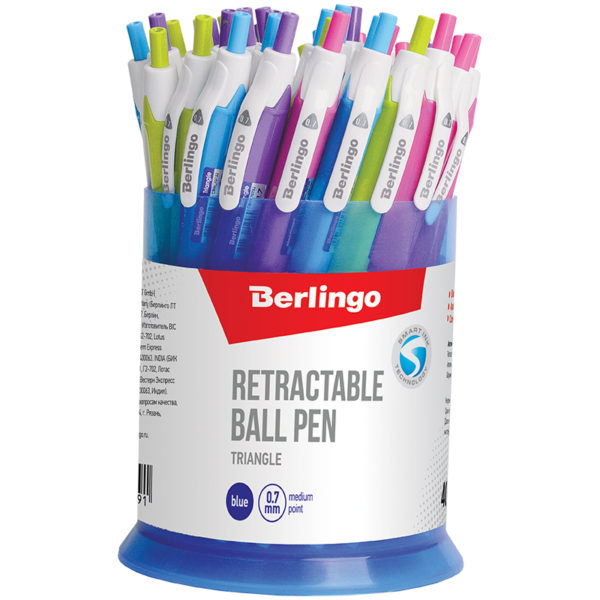 Ручка шариковая автоматическая Berlingo "Triangle" синяя, 0,7мм, трехгран. корпус ассорти, в стакане