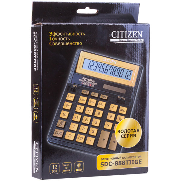 Калькулятор настольный Citizen SDC-888TIIGE, 12 разр., двойное питание, 158*203*31мм, черн/золото