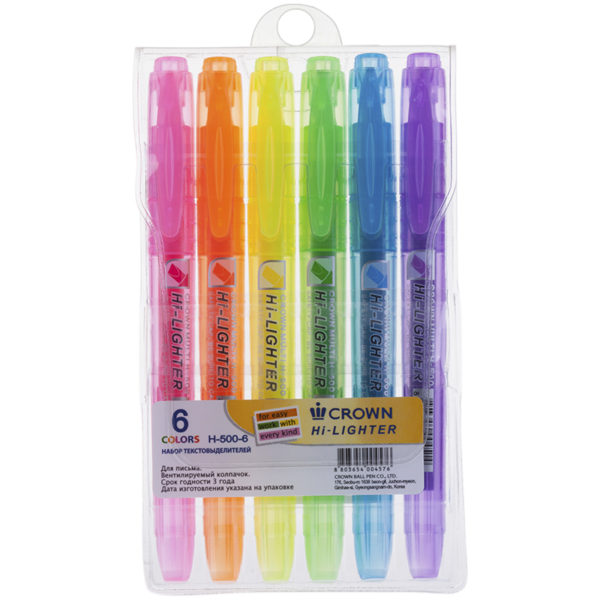 Набор текстовыделителей Crown "Multi Hi-Lighter" 6цв., 1-4мм, чехол с европодвесом