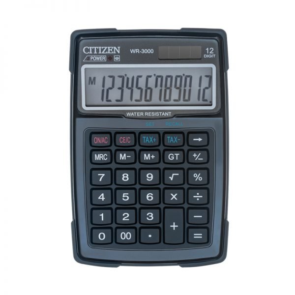 Калькулятор водонепроницаемый Citizen WR-3000, 12 разрядов, двойное питание, 106*152*38мм, черный