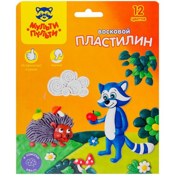 Пластилин Мульти-Пульти "Енот в лесу", 12 цветов, 180г, восковой, со стеком, картон, европодвес