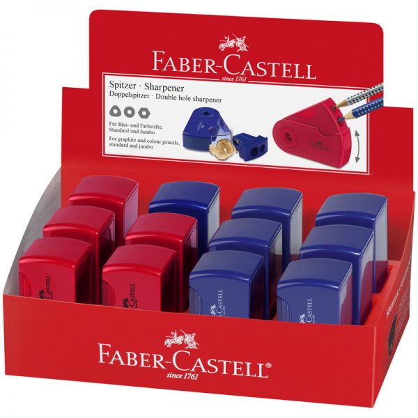 Точилка пластиковая Faber-Castell "Sleeve", 2 отверстия, контейнер, красная/синяя