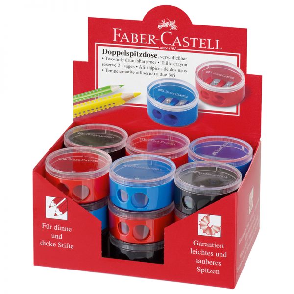 Точилка пластиковая Faber-Castell, 2 отверстия, контейнер, красная/синяя
