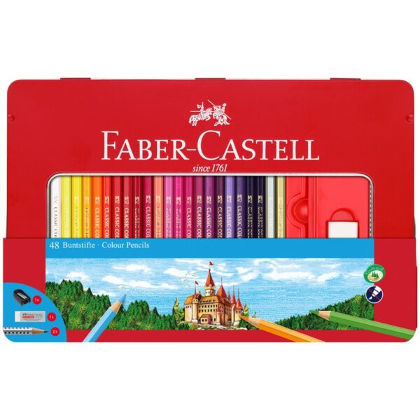 Карандаши цветные Faber-Castell, 48цв.+4, заточен., метал. кор., с ластиком, точилкой