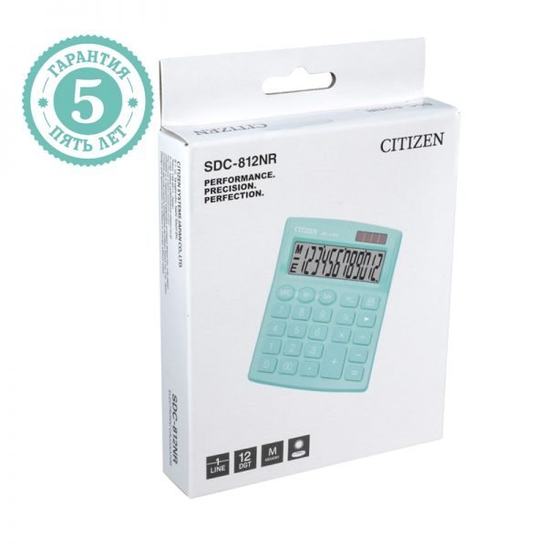 Калькулятор настольный Citizen SDC-812NR-GN, 12 разрядов, двойное питание, 102*124*25мм, бирюзовый