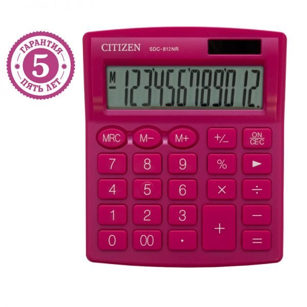 Калькулятор настольный Citizen SDC-812NR-PK, 12 разрядов, двойное питание, 102*124*25мм, розовый