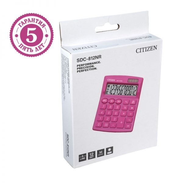 Калькулятор настольный Citizen SDC-812NR-PK, 12 разрядов, двойное питание, 102*124*25мм, розовый
