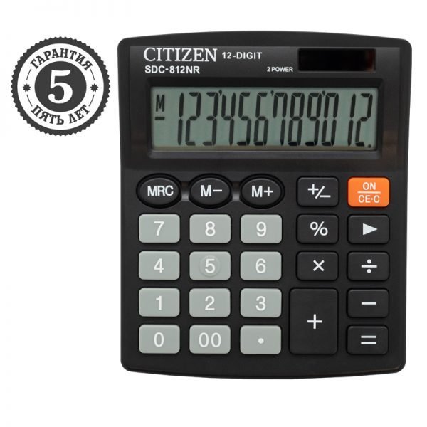 Калькулятор настольный Citizen SDC-812NR, 12 разрядов, двойное питание, 102*124*25мм, черный