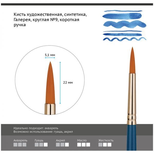 Кисть художественная синтетика Гамма "Галерея", круглая №9, короткая ручка