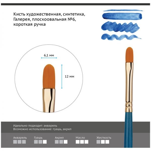 Кисть художественная синтетика Гамма "Галерея", плоскоовальная №6, короткая ручка