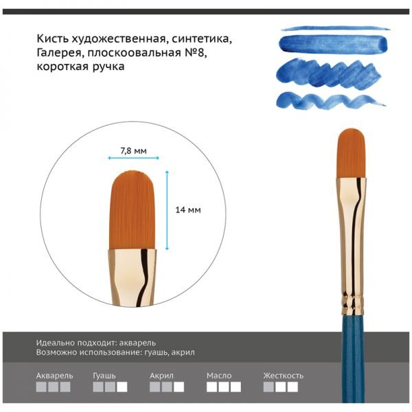 Кисть художественная синтетика Гамма "Галерея", плоскоовальная №8, короткая ручка