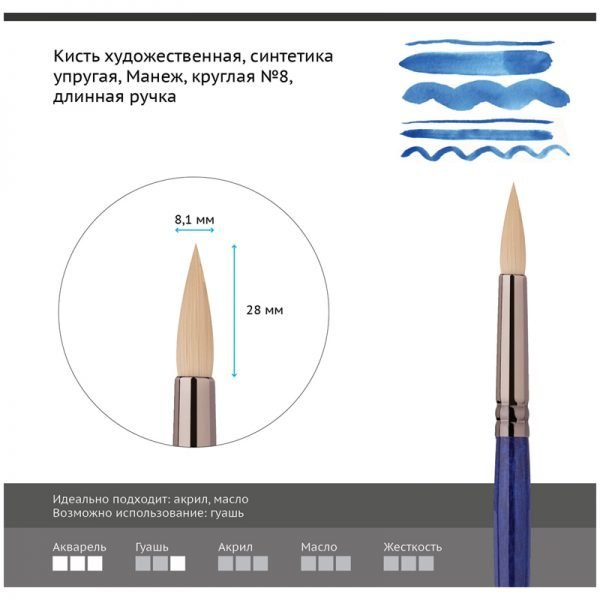 Кисть художественная синтетика упругая Гамма "Манеж", круглая №8, длинная ручка