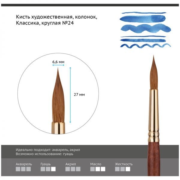 Кисть художественная колонок Гамма "Классика", круглая №24