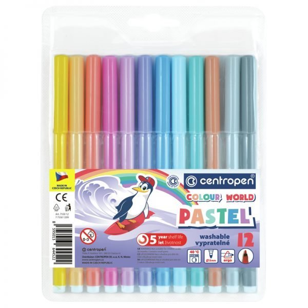 Фломастеры Centropen "Colour World. Pastel", 12цв., трехгранные, 2 мм., смываемые, блистер