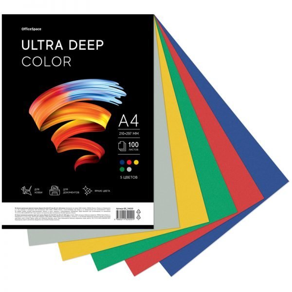 Бумага цветная OfficeSpace "Ultra Deep Color", A4, 80 г/м², 100л., (5 цветов)