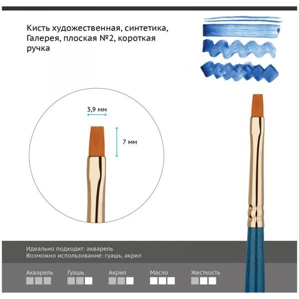 Кисть художественная синтетика Гамма "Галерея", плоская №2, короткая ручка