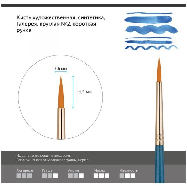 Кисть художественная синтетика Гамма "Галерея", круглая №2, короткая ручка