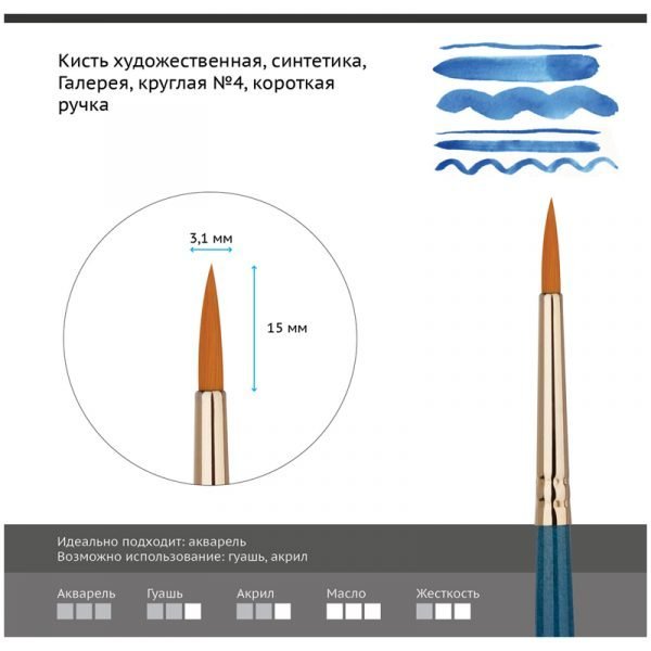 Кисть художественная синтетика Гамма "Галерея", круглая №4, короткая ручка