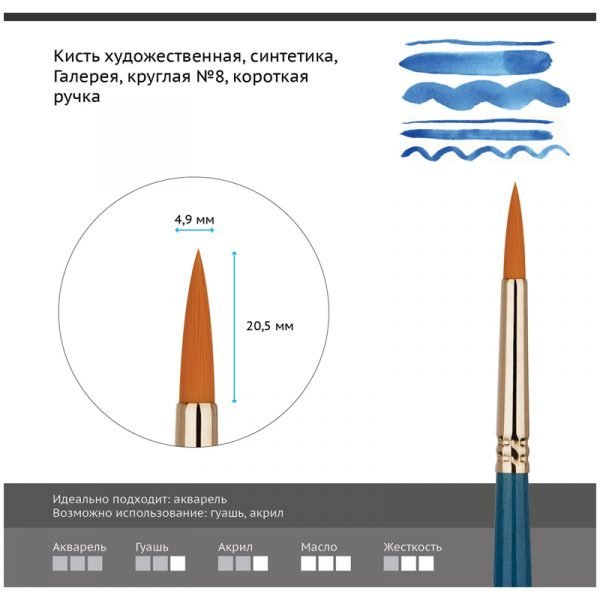 Кисть художественная синтетика Гамма "Галерея", круглая №8, короткая ручка