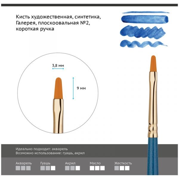 Кисть художественная синтетика Гамма "Галерея", плоскоовальная №2, короткая ручка