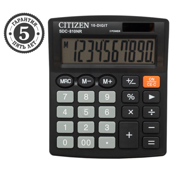 Калькулятор настольный Citizen SDC-810NR, 10 разрядов, двойное питание, 102*124*25мм, черный