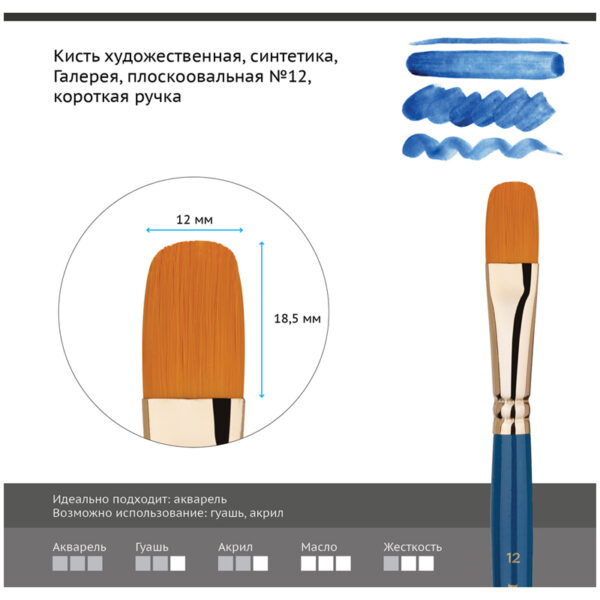 Кисть художественная синтетика Гамма "Галерея", плоскоовальная №12, короткая ручка