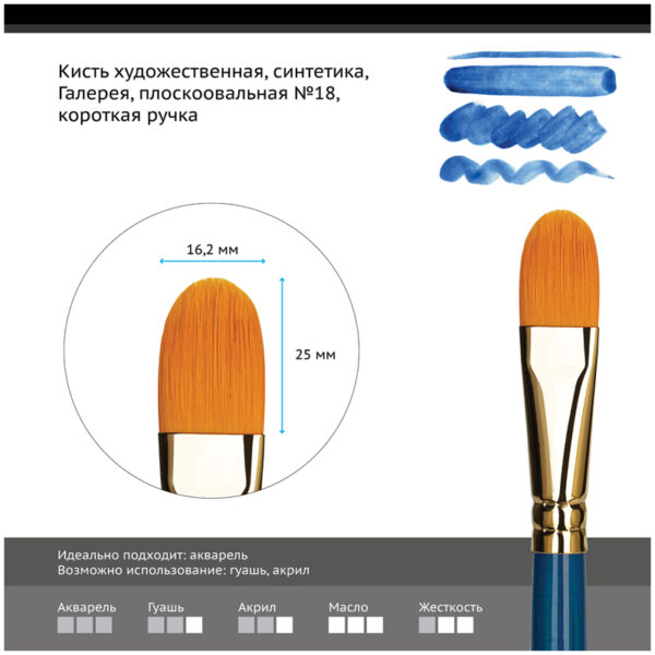 Кисть художественная синтетика Гамма "Галерея", плоскоовальная №18, короткая ручка