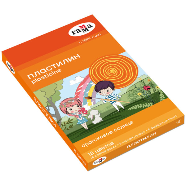 Пластилин Гамма "Оранжевое солнце", 18 цветов (6 классич., 6 флуор., 6 перл.), 234г, со стеком, картон. упак.