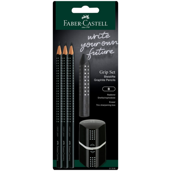 Набор карандашей ч/г Faber-Castell "Grip 2001", 3шт.,  трехран., заточен., ластик, точилка, черный блистер