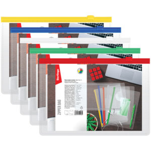 Папка-конверт на молнии Berlingo, A5, 150мкм, с карманом для визиток, прозрачная, ассорти