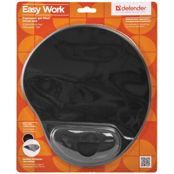 Коврик для мыши Defender EasyWork, черный, гелевая подушка, полиуретан, покрытие тканевое