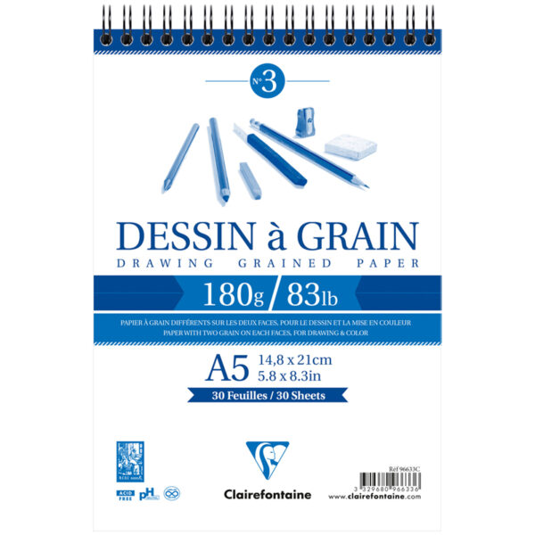 Скетчбук 30л. А5 на гребне Clairefontaine "Dessin a grain", 180г/м2, мелкозернистая