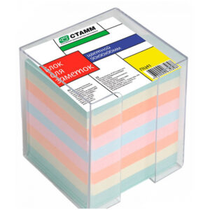 Блок для записи Стамм "Офис", 9*9*9см, прозрачный пластиковый бокс, цветной