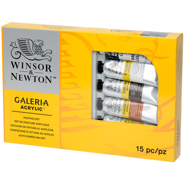 Краски акриловые Winsor&Newton "Galeria", 09цв., 60 мл/туба, доска, палитра, медиум для блеска, 2 кисти, картон. упак.