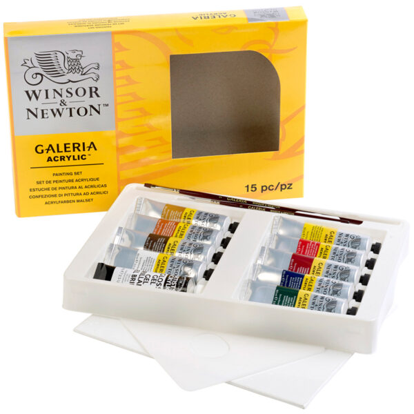 Краски акриловые Winsor&Newton "Galeria", 09цв., 60 мл/туба, доска, палитра, медиум для блеска, 2 кисти, картон. упак.