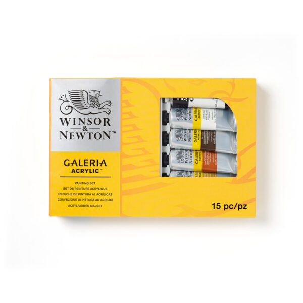 Краски акриловые Winsor&Newton "Galeria", 09цв., 60 мл/туба, доска, палитра, медиум для блеска, 2 кисти, картон. упак.