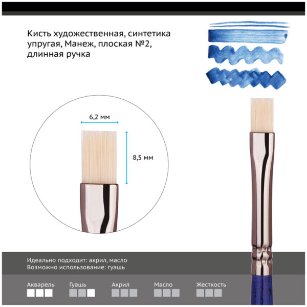 Кисть художественная синтетика упругая Гамма "Манеж", плоская №2, длинная ручка