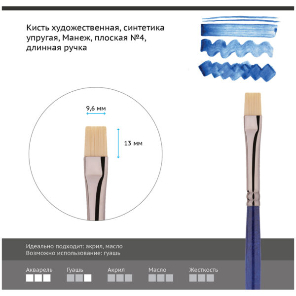 Кисть художественная синтетика упругая Гамма "Манеж", плоская №4, длинная ручка