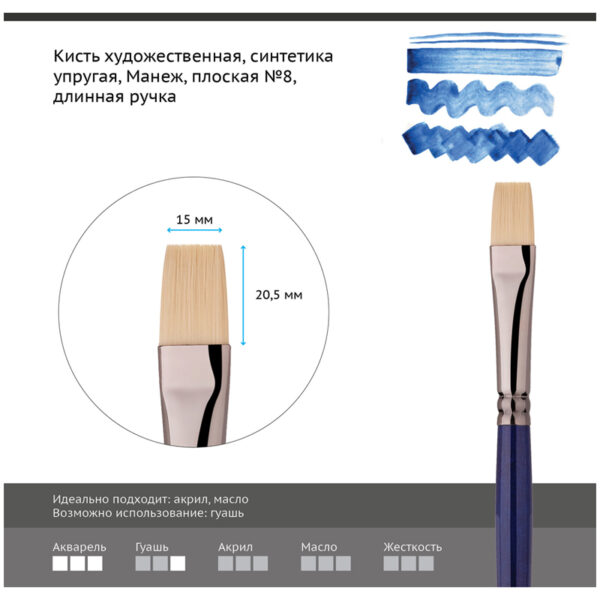 Кисть художественная синтетика упругая Гамма "Манеж", плоская №8, длинная ручка