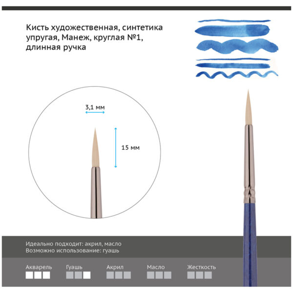 Кисть художественная синтетика упругая Гамма "Манеж", круглая №1, длинная ручка